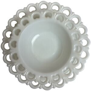 2 PC Anchor Hocking White Milk Glass Lace Edge Serving Plate & Bowl